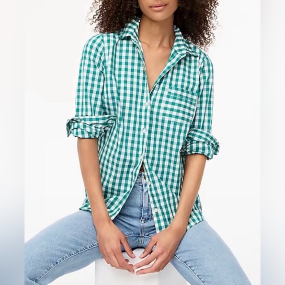 J. Crew Factory Gingham Cotton Poplin Shirt in Medium Size